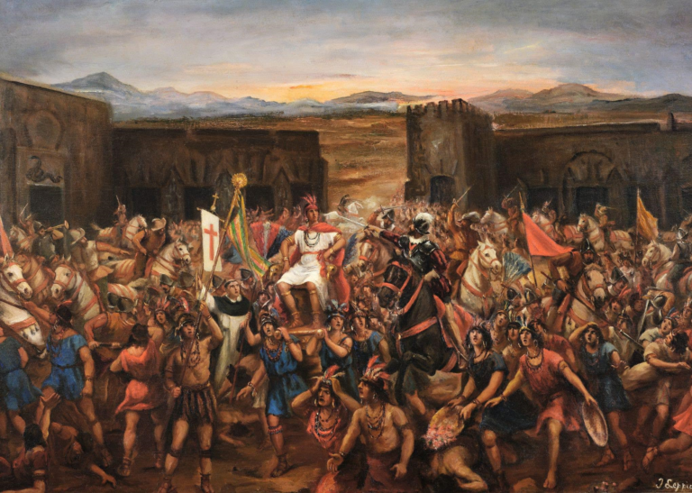 Illustration of Francisco Pizarro’s forces ambushing the Inca Emperor Atahualpa at Cajamarca, with cannons and Spanish soldiers overwhelming the unarmed Inca forces.