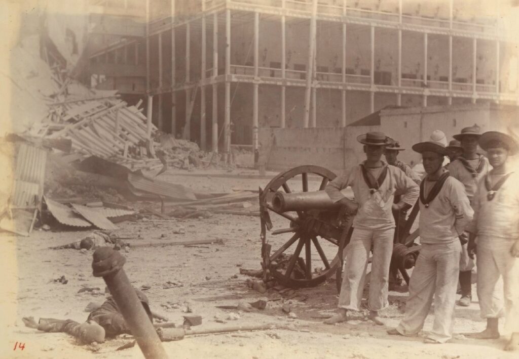 Close-up of British naval cannon aimed at Zanzibar during the Anglo-Zanzibar War of 1896.