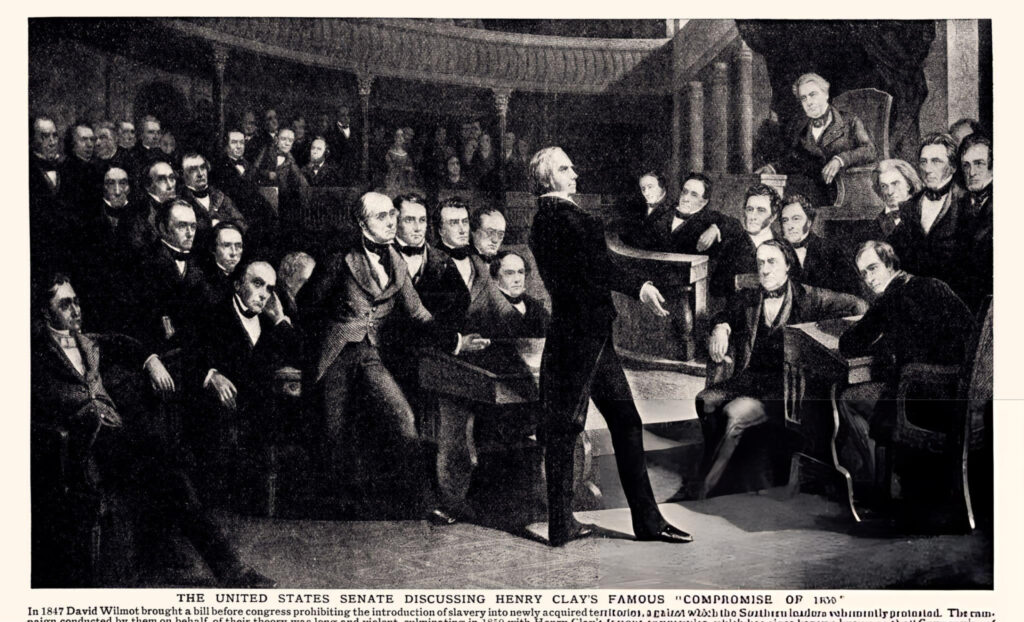 "Depiction of the Compromise of 1850, showing political leaders debating key issues between the North and South in the U.S. Congress chamber."