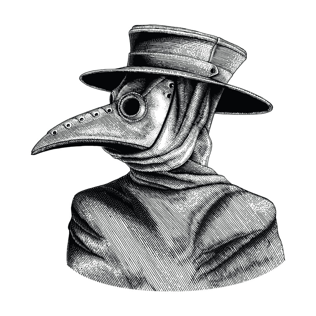 Hand-drawn vintage engraving of a plague doctor wearing a beaked mask and cloak, isolated on a white background.